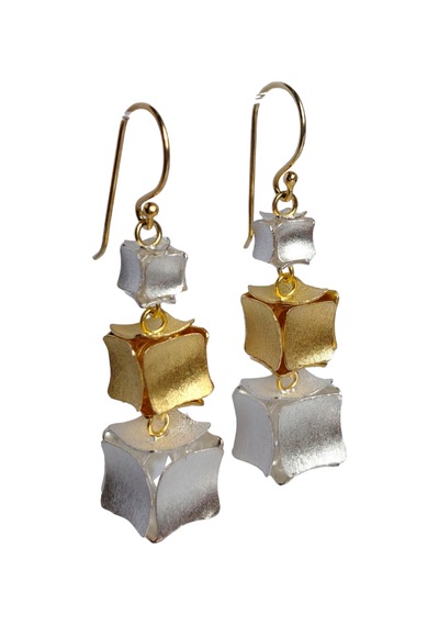 Gümüş Gold Üçlü Küp Tasarım El Yapımı Hand Made Kadın Küpe