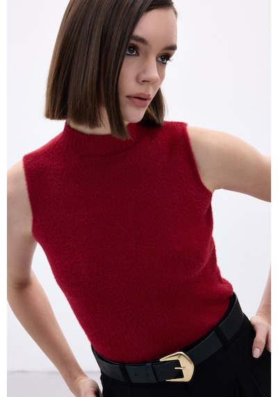 Sateen Sıfır Kol Sakallı Triko Bluz - Bordo-136514 Bordo