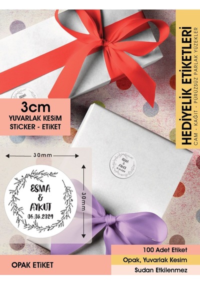 Çelenk Çiçek Motifli Etiket Modeli Ürünlerinize Özel 3 Cm - 100 Adet Opak Sticker Siyah - Beyaz