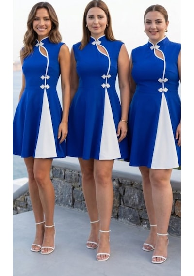 Efnaz Style Kadın Yarım Balıkçı Yaka Pencere Dekolte Ve Çift Renk Detay Mini Elbise Saks