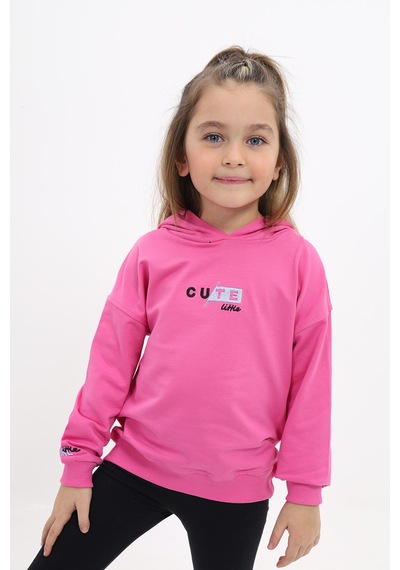 Kız Çocuk Relax Fit Kapüşonlu Düşük Omuz Baskılı Sweatshirt - 2 İplik Fuşya