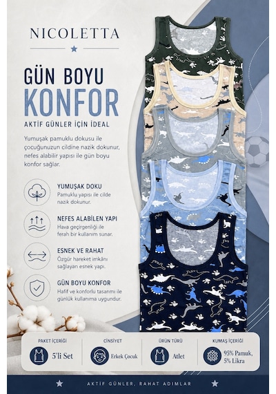 Tom John Erkek Çocuk Atlet Geniş Askılı Dinazor Baskılı Pamuklu Likralı Ti Lacivert