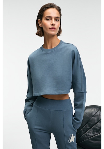 Grimelange ANOUK Kadın Pamuklu Baskı Ve Patch Detaylı Bisiklet Yaka Crop Petrol Mavisi Sweatshirt