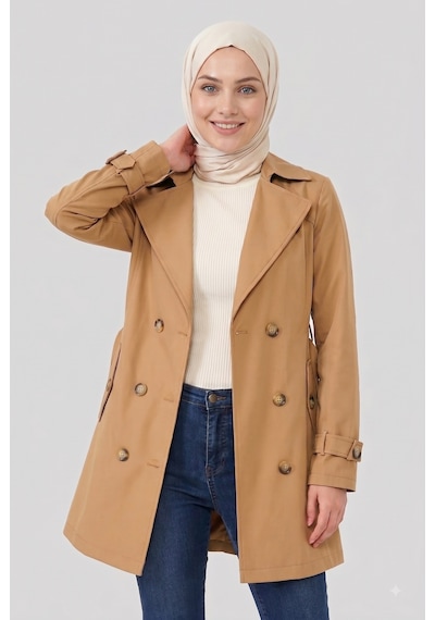 B.he.z Kadın Degaje Yaka Yarım Boy Tesettür Astarlı Kemerli Su İtici Kumaş Trençkot Camel