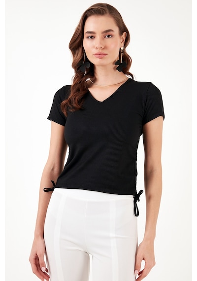 Lela Slim Fit V Yaka Yanları Büzülebilir Bayan Bluz 5864011 Siyah