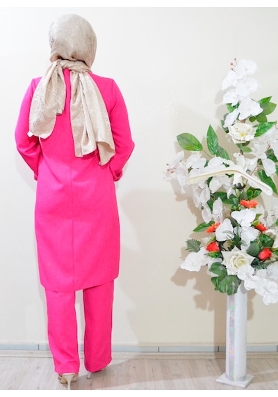 Deryam Tekstil Kadın Sofya Keten Tunik Pantolon Takımı Pembe 42 Beden Pembe