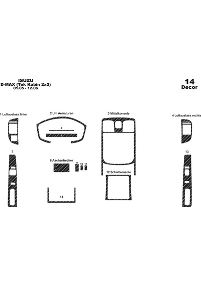 Isuzu D Max Tek Kabin 2x2 Konsol-torpido Kaplama 2005-2006 14 Parça-karbon Karbon