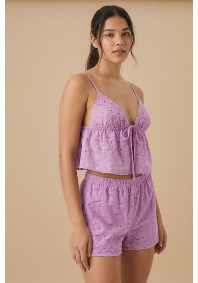 Kadın Lila Astarlı Kendinden Desenli Dokuma Şortlu Pijama Takımı Mor