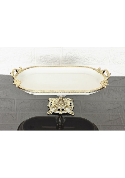 Porselen Küçük Sade Kayık Sunumluk Döküm Gold Çerçeveli Ve Ayaklı 30 Cm Beyaz
