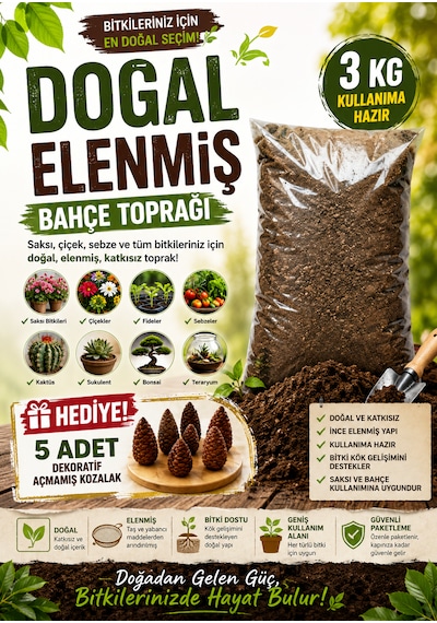 3 Kg Doğal Elenmiş Bahçe Toprağı Saksı Toprağı Çiçek Toprağı Bitki Toprağı Kaktüs Sukulent Bonsai İçin Uygun 5 Adet Dekoratif Açmamış Kozalak Hediyeli