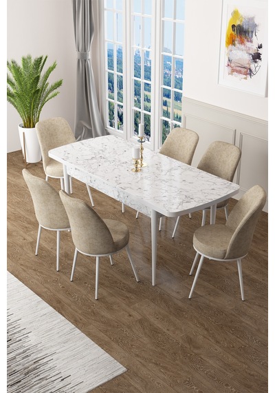 Canisa Zen Serisi 80x132 Mdf Açılabilir Beyaz Mermer Desen Masa Takımı Ve 6 Krem Sandalye Masa Beyaz Mermer Desenli Sandalyeler Krem Canisa Zen Serisi 80x132 Mdf Açılabilir Beyaz Mermer Desen Masa Takımı Ve 6 Krem Sandalye Masa Beyaz Mermer Desenli Sandalyeler Krem