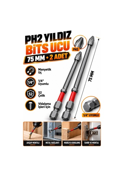 Ph2 Yıldız Bits Uç 75 Mm 2 Adet Mıknatıslı S2 Çelik 1/4 İnç Altıgen Şaftlı Vidalama Ucu