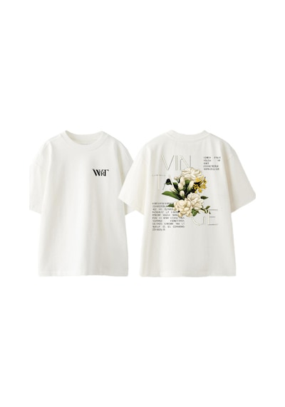 Thewert Vıntage Çiçek Tasarım Sırt Baskılı Pamuk Beyaz Oversize T-shirt