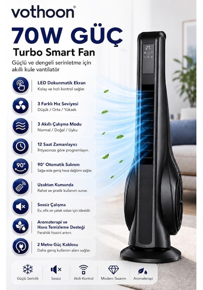 Turbo Smart Akıllı Fan Led Ekranlı Kumandalı 90 Hareketli Serinletici Soğutucu Kule Tipi Vantilatör Çok Renkli