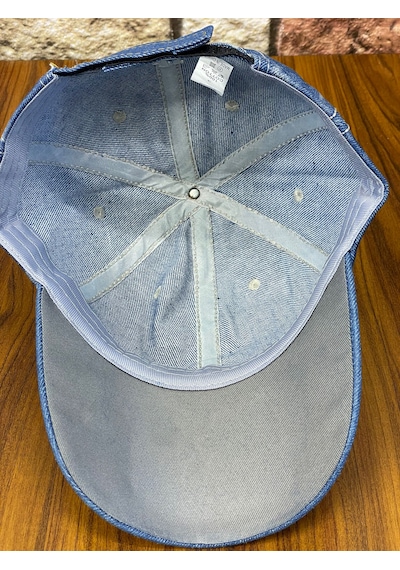 Hamze Jean Kot Denim İndigo Kumaş Taşlı Gül Desenli Beyzbol Cap Şapka Açık İndigo