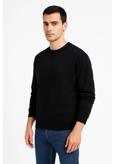 Erkek 3 İplik Pamuklu Düz Bisiklet Yaka Sweatshirt - Siyah