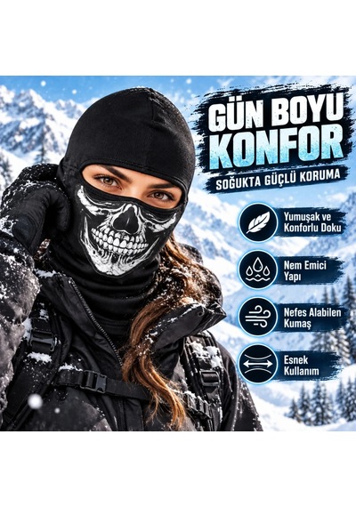 Womanandkids Wak Unisex Kurukafa Desenli Balaklava Kışlık Tam Yüz Maske Nefes Alan Esnek Kask Altı Boyunluk Siyah Set