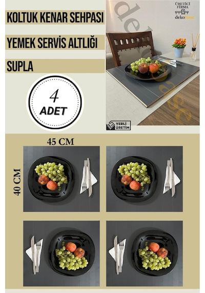 Antrasit 4 Adet Çok Amaçlı Koltuk Kenar Sehpası, Supla, Yemek Servis Altlığı Antrasit