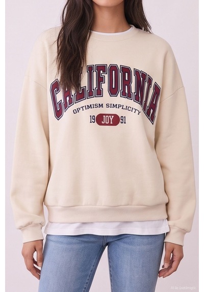 Quzu Baskı Nakış Detaylı Sweatshirt Bej