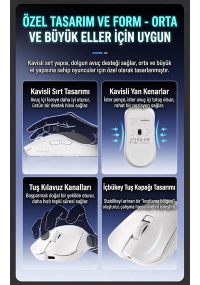 Ajazz Kablosuz Oyuncu Mouse 2.4ghz Bluetooth Kablolu 3 Modlu Bağlantı Aı Sesli Asistan Nearlink 500mah 61g Hafif 400-3200 Dpı Type-c Aj200 Nl Aı Mc - Beyaz