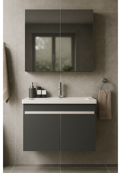 Arista 80 Cm Antrasit Mdf, Seramik Lavabolu, Alt Ve Üst Dolap Antrasit