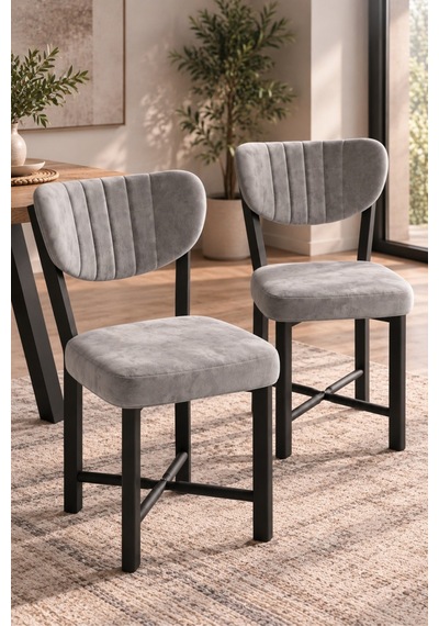 Sulorahome 2 Adet Gri Kumaş Döşemeli Metal Ayaklı Modern Sandalye Seti