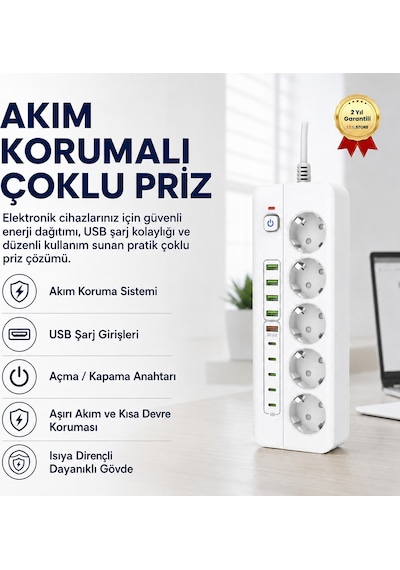 Akım Korumalı Çoklu Priz Usb Girişli, Anahtarlı, Yüksek Güvenlikli Elektrik Prizi-1467 1.8 M