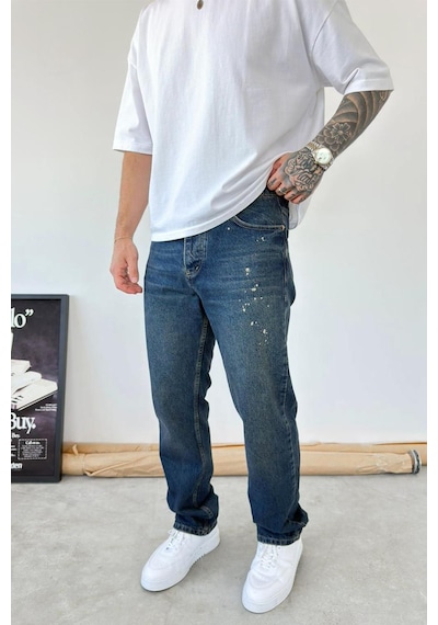Eskitme Mavi Splash Baggy Pantolon