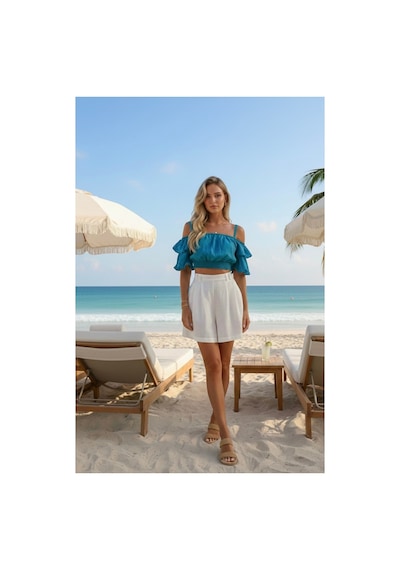 Polologin Butik Fırfır Detaylı Crop Turkuaz Mavisi Viskon Kumaş Mavi