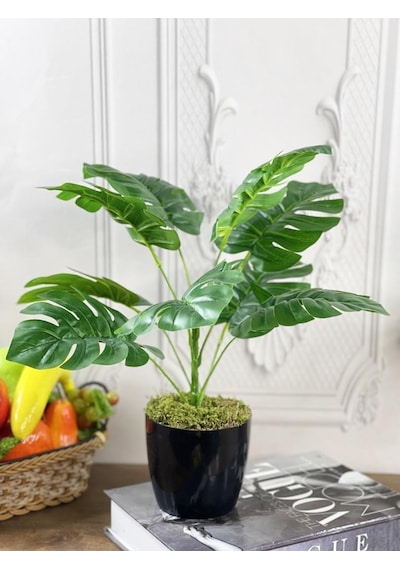Yapay Çiçek Monstera 9 Dal Siyah Plastik Saksılı Deve Tabanı Deko