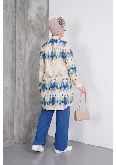 Polologin Butik Mavi Bej Blok Desenli Tunik Pantolon Takım Mavi & Bej & Lacivert
