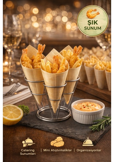 50'li Pkt Medium Bambu Sunum Korneti 12,5x7 Cm Doğal Sunum Külahı Kokteyl Catering Finger Food Sunumluk