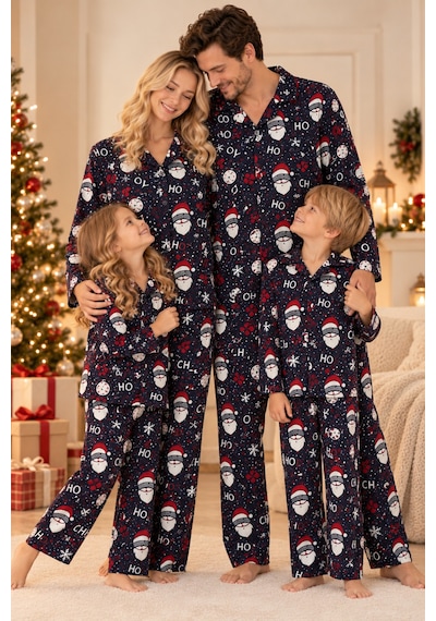 Free Beka Yılbaşı Desenli Kırmızı Uzun Kollu Önden Düğmeli Gömlek Yaka Aile Pijama Takımı Kombini Lacivert