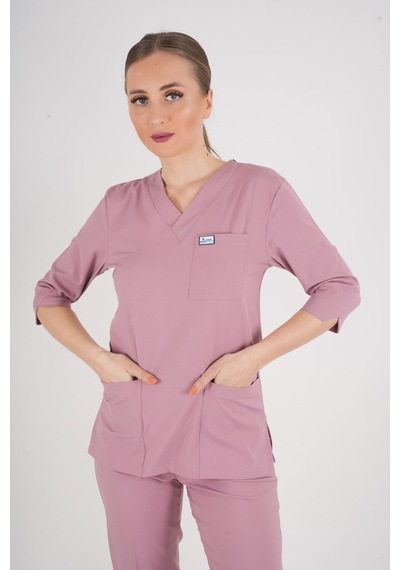 Unisex Pudra Violet Model Scrubs Takım Doktor Hemşire Üniforması Pudra