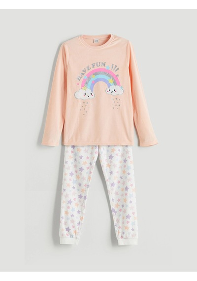 LC Waikiki Lcw Kids Pembe Bisiklet Yaka Kız Çocuk Pijama Takımı Peach