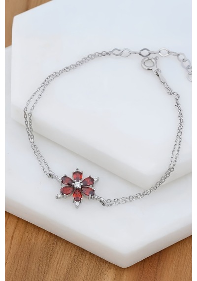 Kırmızı Zirkon Taşlı Rodyumlu Gümüş Lotus Bayan Bileklik -7626 Gümüş