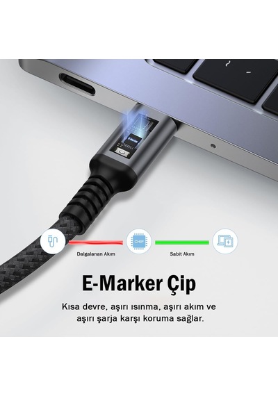Şarj Ve Veri Aktarım Kablosu 20v5a, Type C'den Type C'ye, 100w, Çift Kat Örgülü Gri, 2 Metre Standart