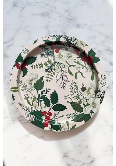 Yılbaşı Noel, Yeni Yıl Desenli Yuvarlak Metal Tepsi 37 Cm Desenli