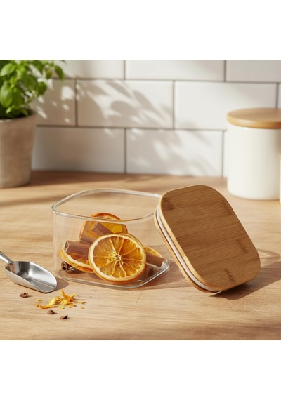 400 Ml Bambu Kapaklı Kare Cam Saklama Kabı - Dikey Çizgili Rölyef Desenli Vakumlu Kahvaltılık Ve Erzak Kabı 10x10x6 Cm Çok Renkli