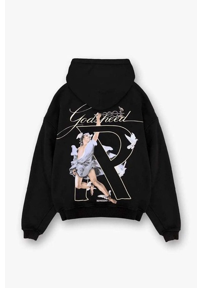 Represent Hermes Jet Black Oversized Hoodie - Yüksek Yoğunluklu Baskı Ve Metal Logo Siyah