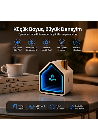 Aura Bluetooth Hoparlör Infinity Ayna Led Işıklı Tws Çift Eşleştirme Bluetooth 6.0 2000mah Şarjlı Taşınabilir Hoparlör Ry-neo1