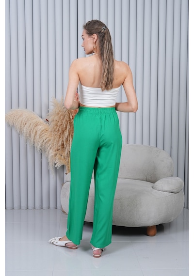 Polologin Butik Beli Bağcıklı Yüksek Bel Bol Paça Yeşil Pantolon Çok Renkli