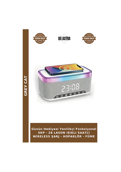 Günün Hediyesi Yenilikçi Fonksiyonel Skp - 26 Lason Işıklı Saatli Wireless Şarj - Hoparlör - Füme