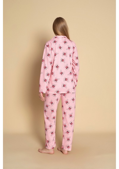 SUDE HOMEWEAR Kadın Gömlek Desenli Uzun Kol Pijama Takımı Pembe