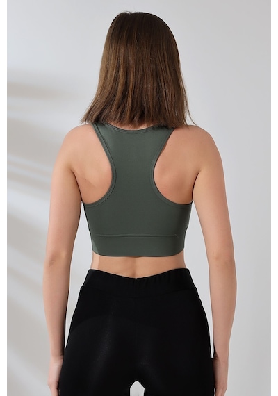 EMFURE Haki Fermuarlı Spor Büstiyer - Sports Bra / Crop Destekli Spor Sütyeni Haki
