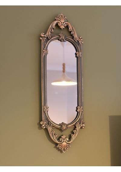 Kısa Oval Dekoratif Duvar Aynası Haki Yeşil & Eskitme Altın Yaldız 60x20 Cm Naturel