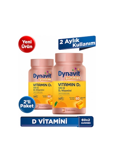 Dynavit Gummies Vitamin D3 60x2 Çiğnenebilir Form - Aile Boyu Kullanım D Vitamini - Kas & Kemik & Bağışıklık