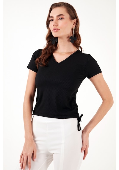 Lela Slim Fit V Yaka Yanları Büzülebilir Bayan Bluz 5864011 Siyah