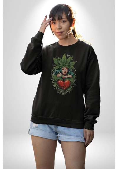 Kalp Parmak Kız Yeşillik Mutluluk Unisex Siyah Baskılı Sweatshirt Siyah