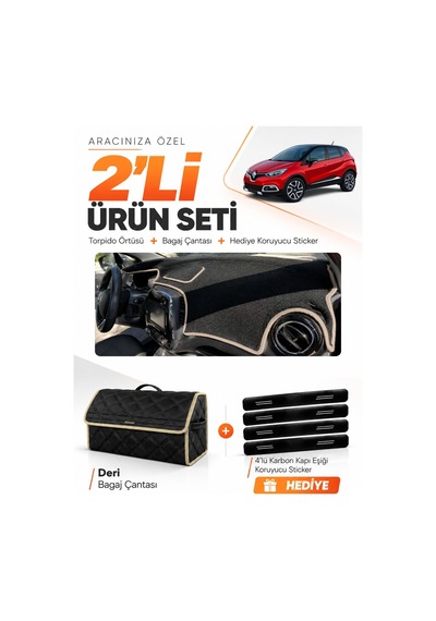 E-biz Renault Captur 1 2013-2019 Uyumlu Torpido Örtüsü + Deri Bagaj Çantası - Siyah-bej - Re035